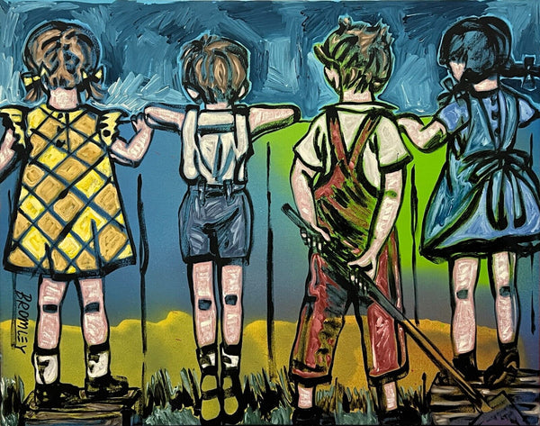 DAVID BROMLEY Children Series "Over The Fence" Polymer on Canvas 110cm x 140cm