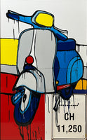 JASPER KNIGHT "Blue & Grey Piaggio 150" Enamel & Mixed Media on Board Painting 122cm x 75cm