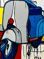 JASPER KNIGHT "Blue & Grey Piaggio 150" Enamel & Mixed Media on Board Painting 122cm x 75cm