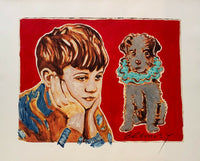 DAVID BROMLEY Children Series "Boy and Dog" Signed, Mixed Media 88cm x 110cm