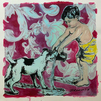 DAVID BROMLEY Children Series "Boy and Dog" Mixed Media on Paper 94cm x 94cm