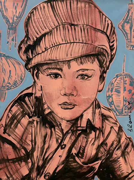 DAVID BROMLEY Children Series "Paper Boy" Polymer on Canvas 120cm x 90cm