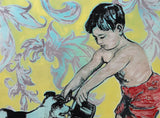 DAVID BROMLEY Children Series "Boy and Dog" Mixed Media on Paper 94cm x 94cm